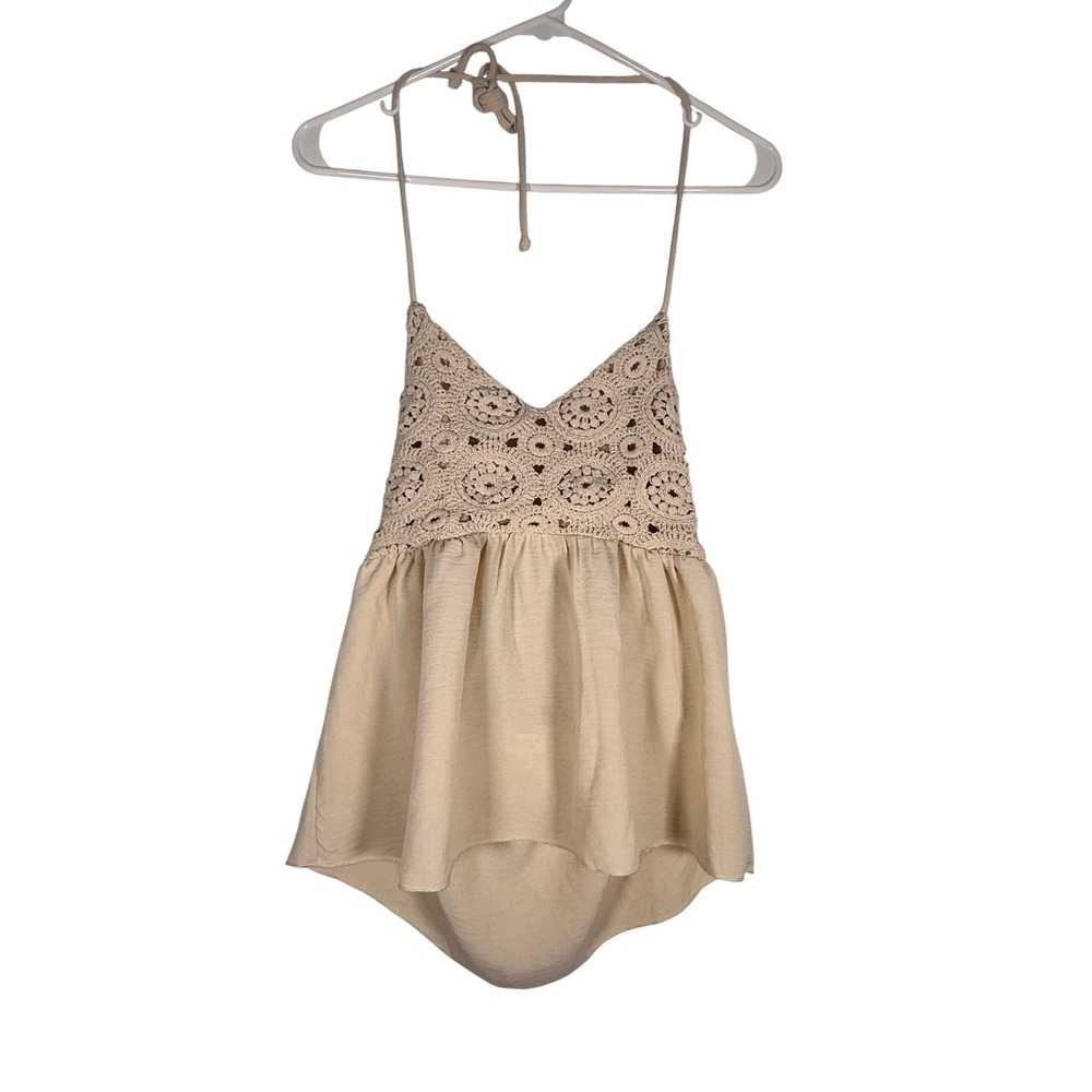 Kirious Los Angeles Cream Crochet Halter Top Boho Peplum Cotton Medium